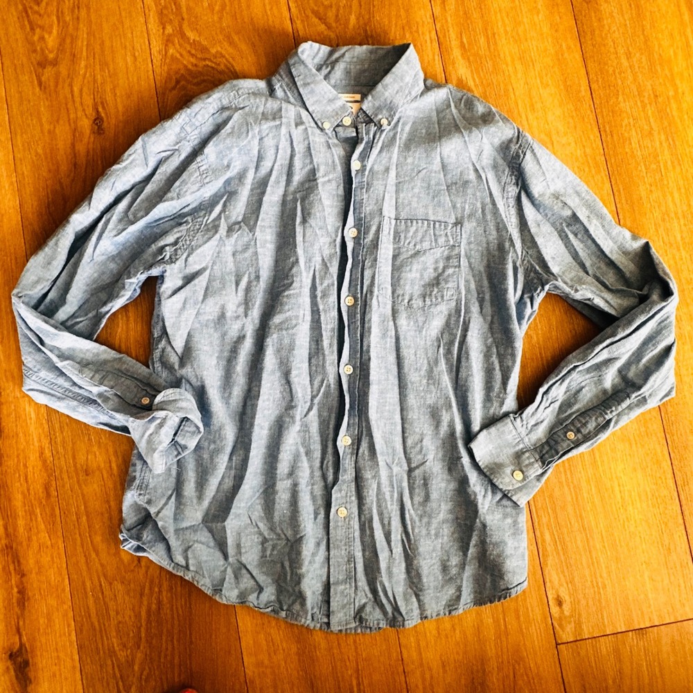Old Navy Mens Slim Fit Linen Cotton Blend Button Down Shirt Blue Large Long Slv